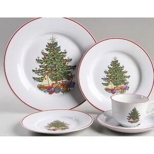 Cuthbertson American Christmas Tree Flat Saucer White Red Rim Holiday Ceramic‎